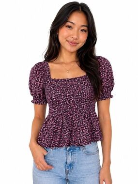 LOFT Ditsy Floral Smocked Square Neck Peplum Blouse In Pink - Women’s XS